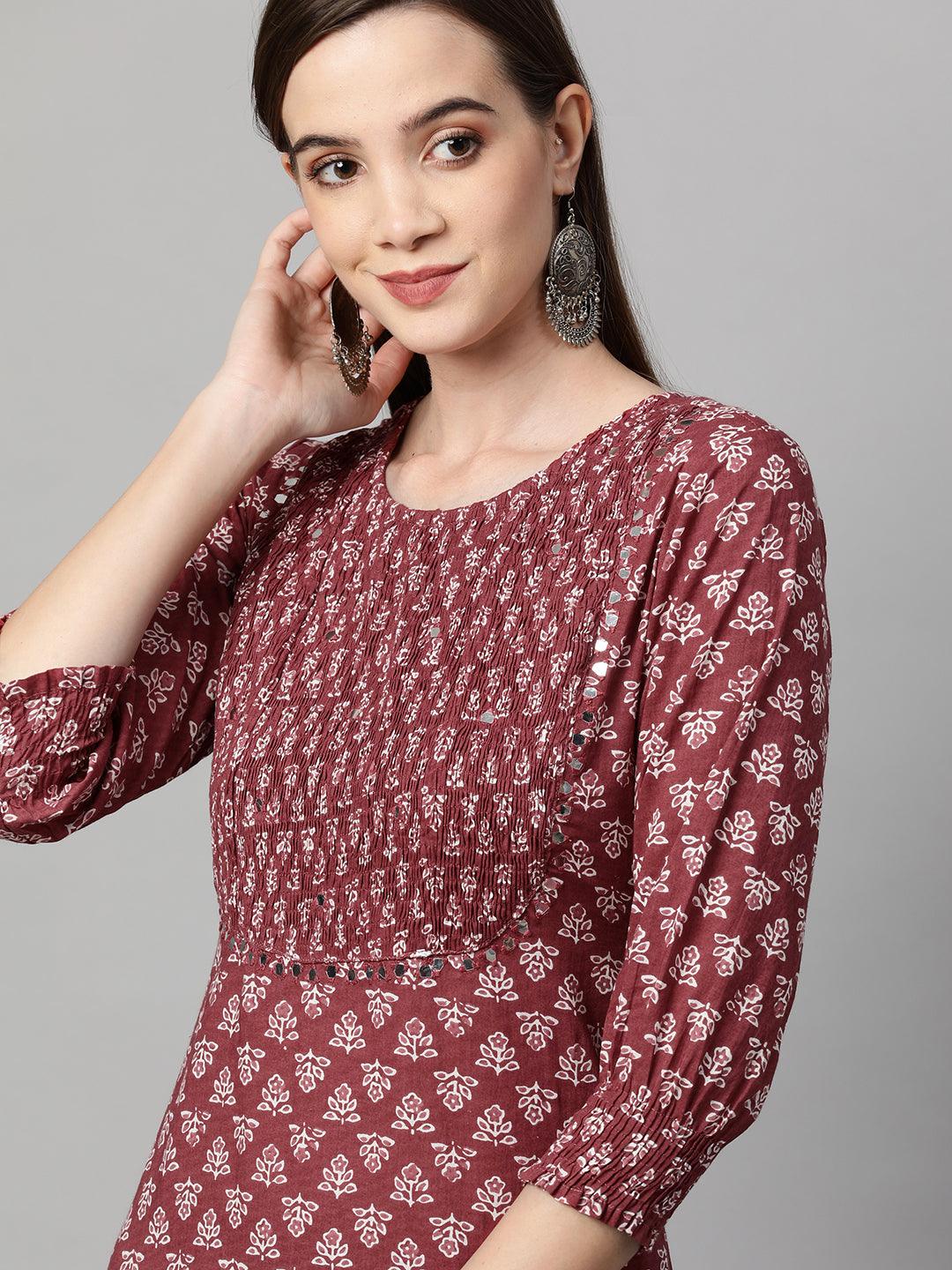 Ethnic Printed & Smocked with Pant – Rust - Indiakreations