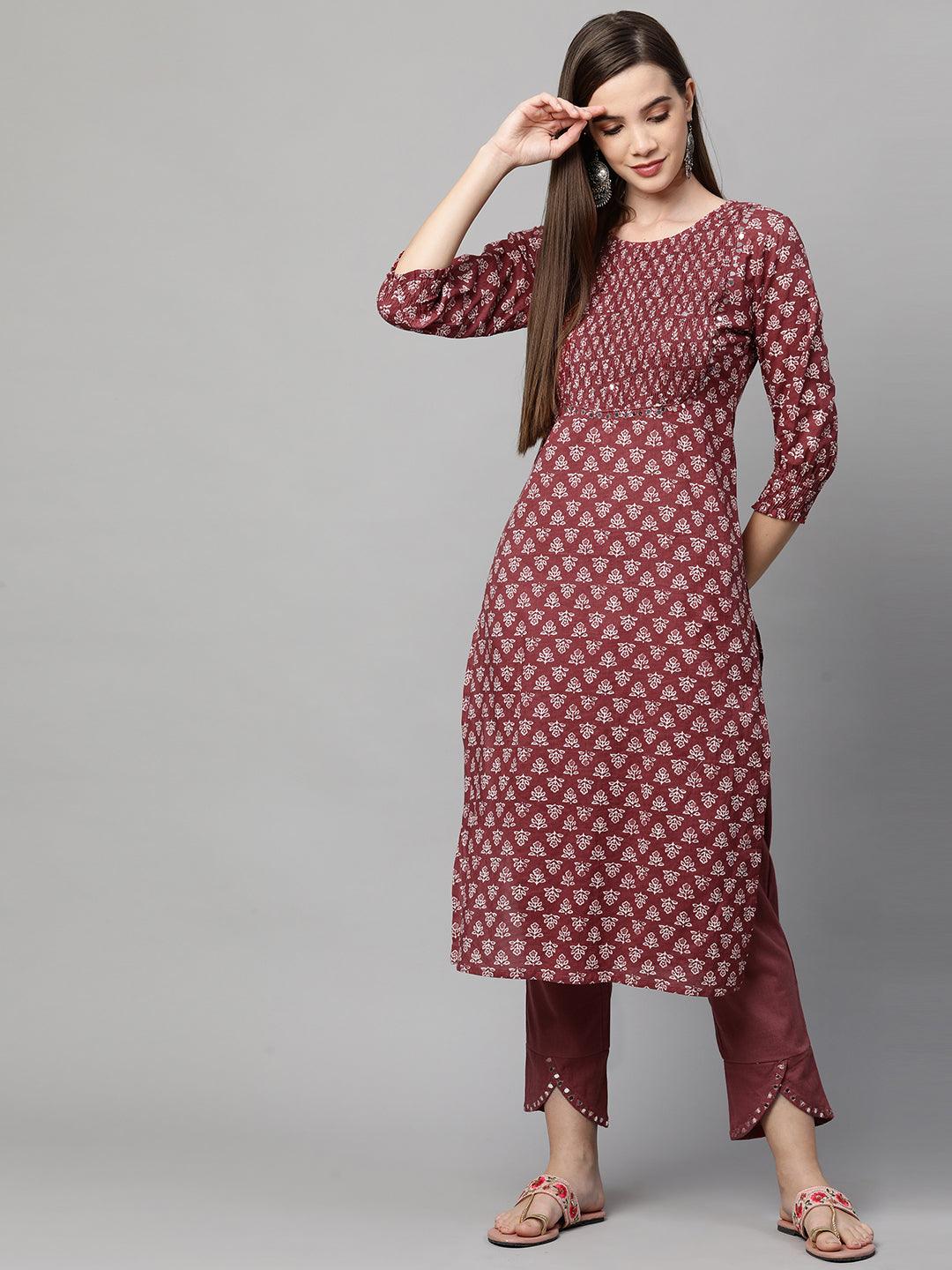 Ethnic Printed & Smocked with Pant – Rust - Indiakreations