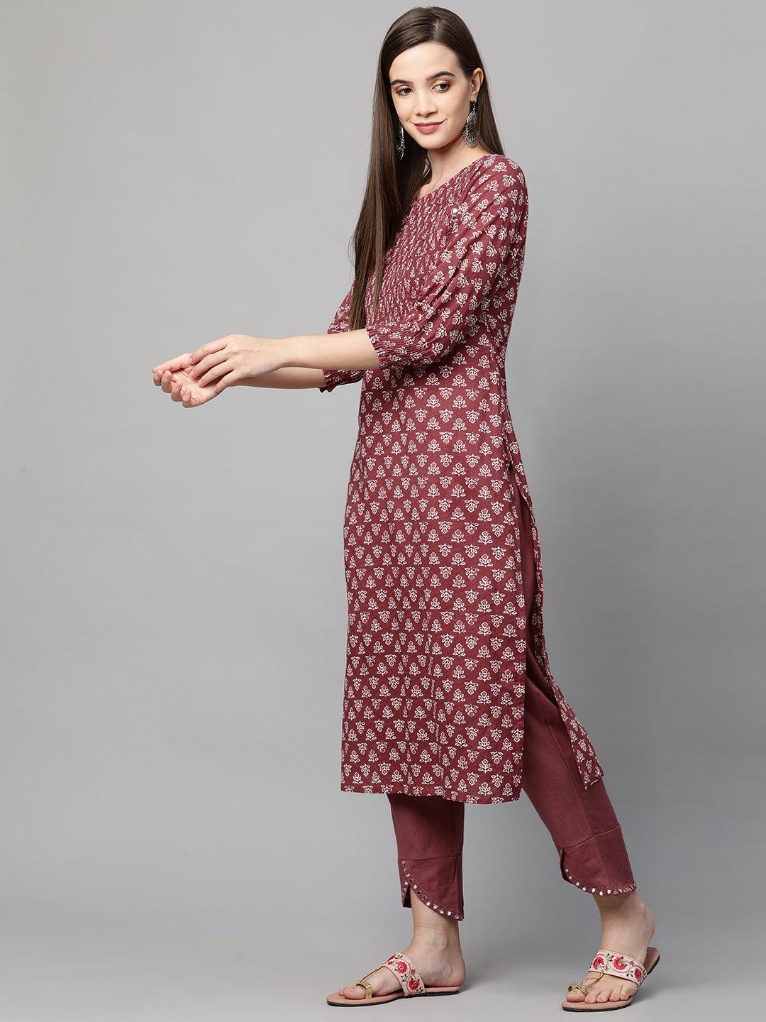 Ethnic Printed & Smocked with Pant – Rust - Indiakreations