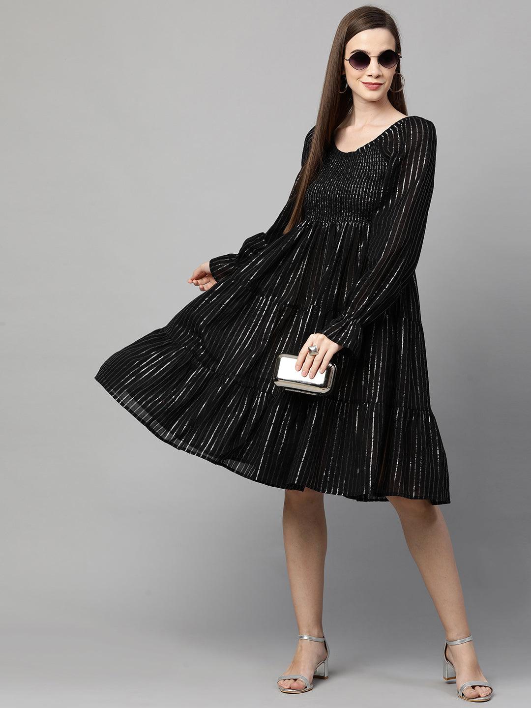 Lurex Woven Striped Smocked Dress – Black - Indiakreations