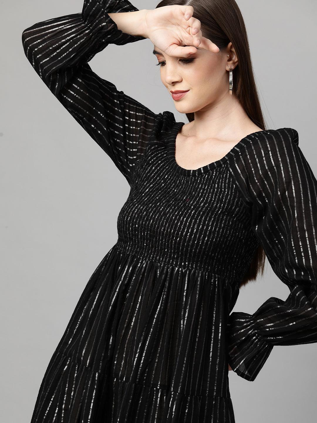 Lurex Woven Striped Smocked Dress – Black - Indiakreations