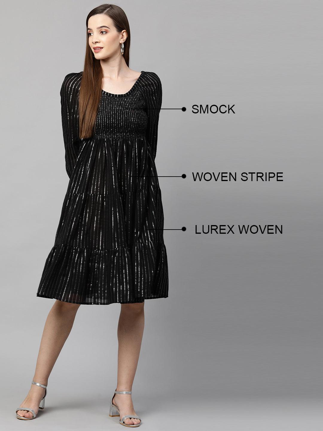 Lurex Woven Striped Smocked Dress – Black - Indiakreations