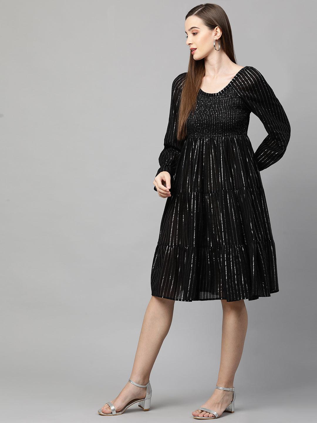 Lurex Woven Striped Smocked Dress – Black - Indiakreations