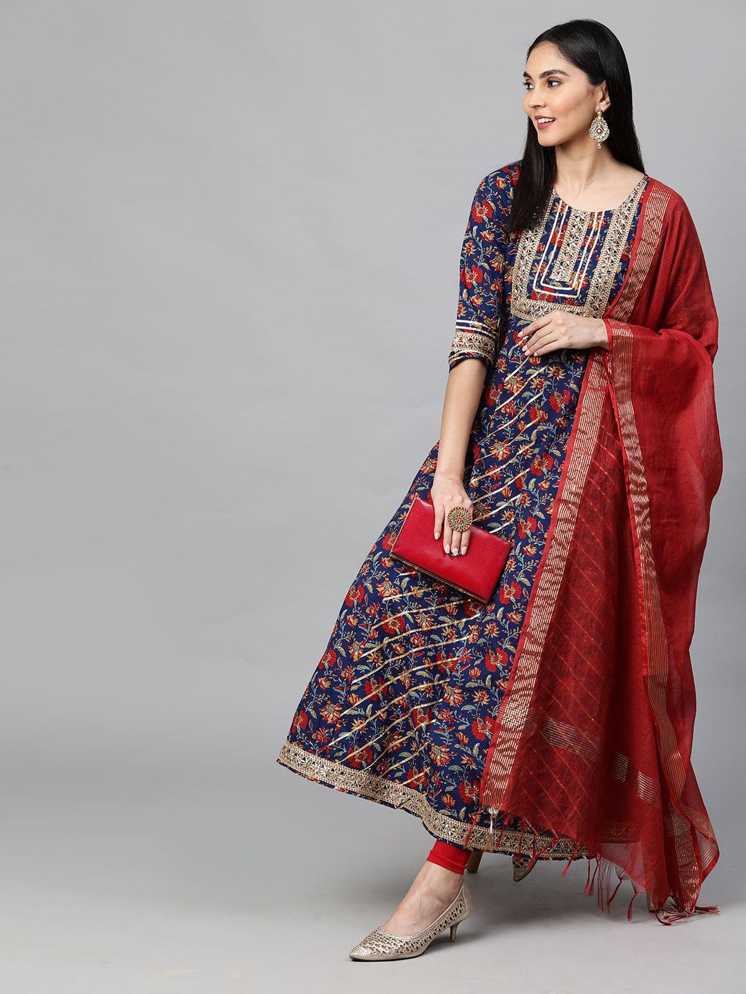 Ethnic Floral Block Printed Maxi with Dupatta - Peacock Blue - Indiakreations