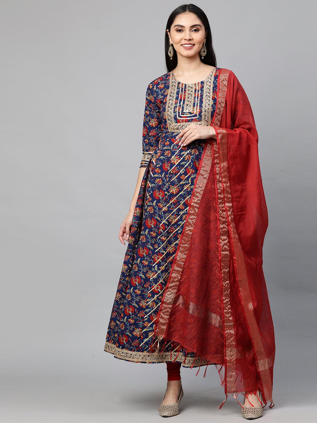 Ethnic Floral Block Printed Maxi with Dupatta - Peacock Blue - Indiakreations