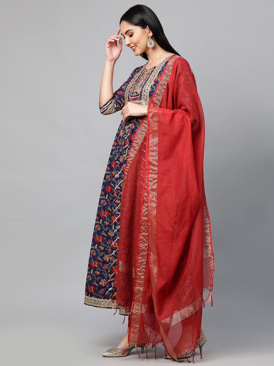 Ethnic Floral Block Printed Maxi with Dupatta - Peacock Blue - Indiakreations