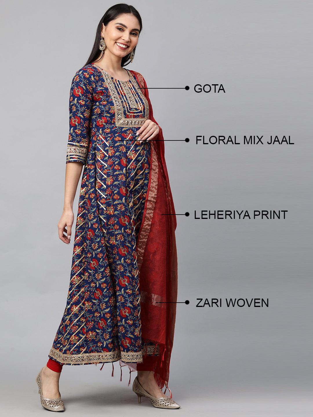 Ethnic Floral Block Printed Maxi with Dupatta - Peacock Blue - Indiakreations