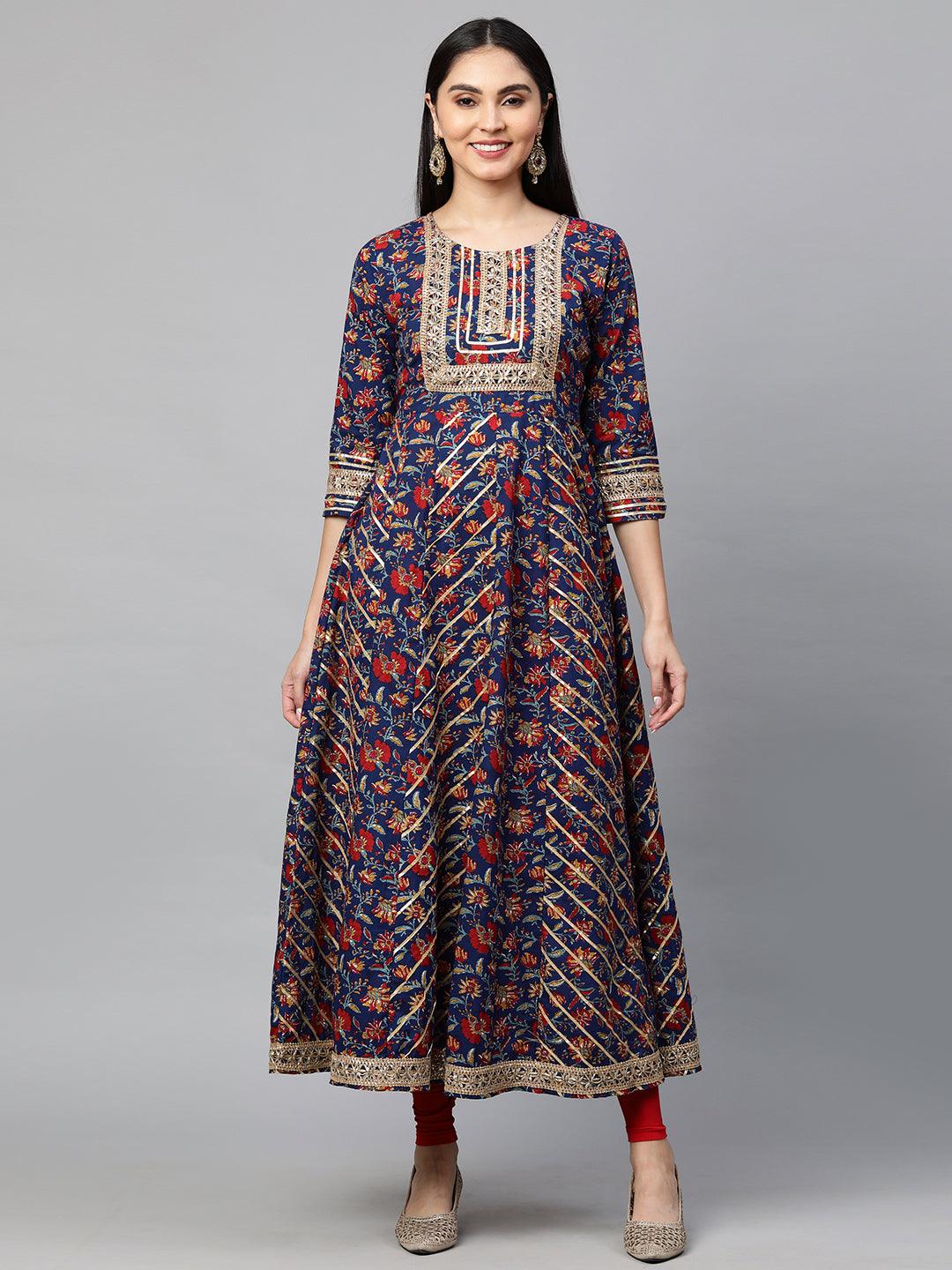 Ethnic Floral Block Printed Maxi with Dupatta - Peacock Blue - Indiakreations