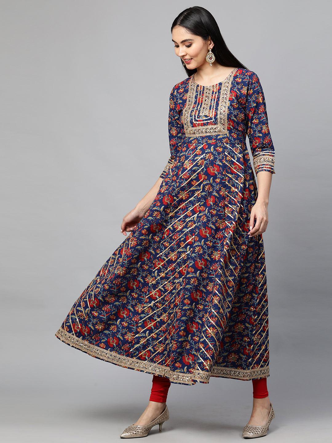 Ethnic Floral Block Printed Maxi with Dupatta - Peacock Blue - Indiakreations