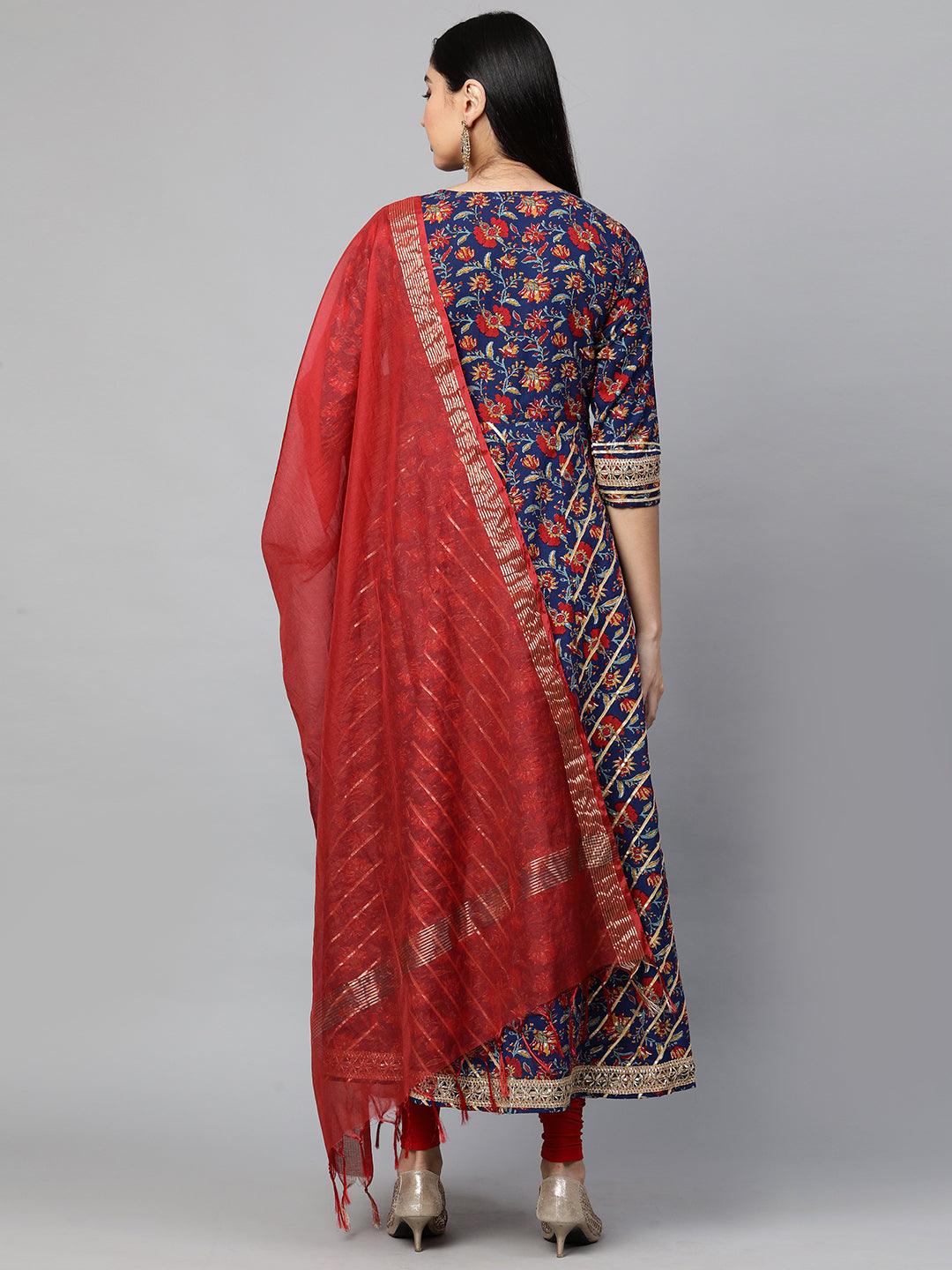 Ethnic Floral Block Printed Maxi with Dupatta - Peacock Blue - Indiakreations