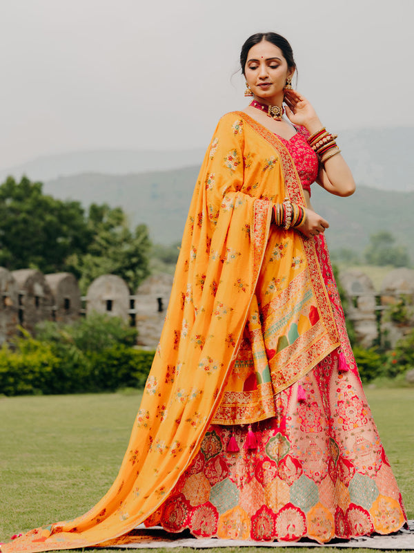 Bright Pink Heavenly Unstitched Lehenga Graced With Traditional Indian Detailing & Dupatta