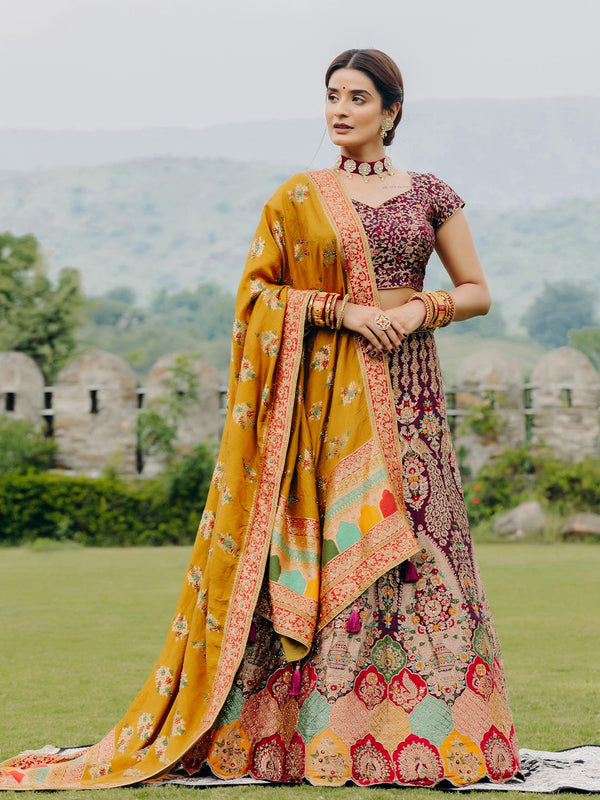 Violet & Mustard Yellow Traditional Indian Lehenga With Peacock Motifs & Rich Embellishments