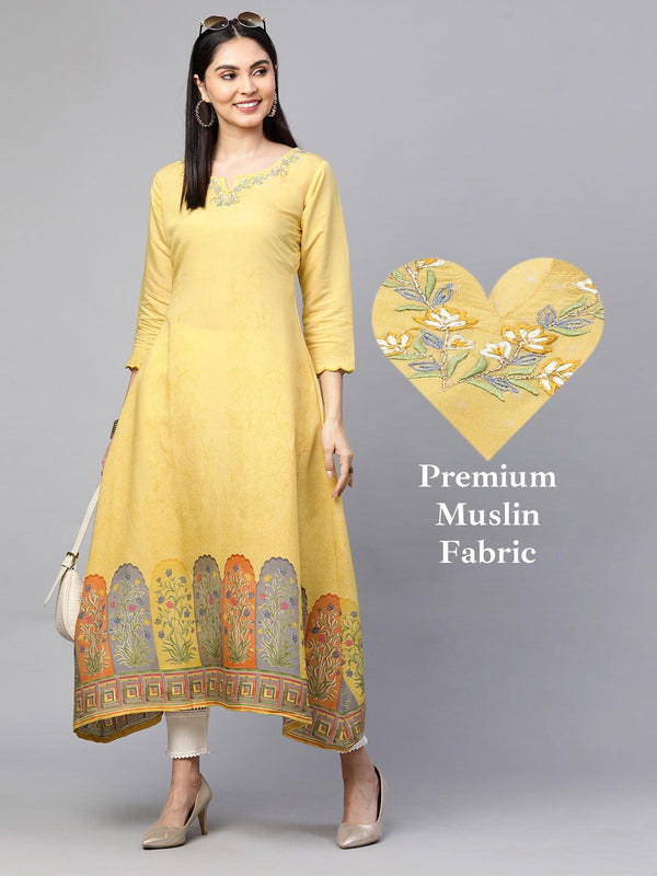 Retro Floral Printed A-Line Kurta - Pastel Yellow - Indiakreations