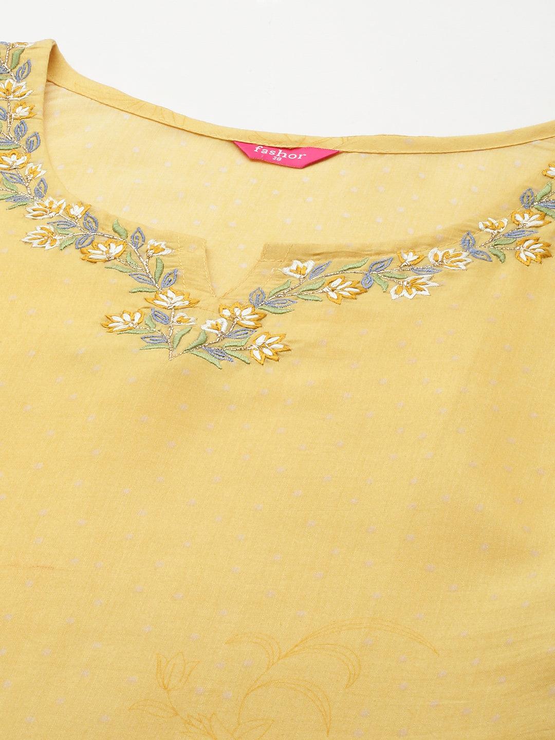 Retro Floral Printed A-Line Kurta - Pastel Yellow - Indiakreations