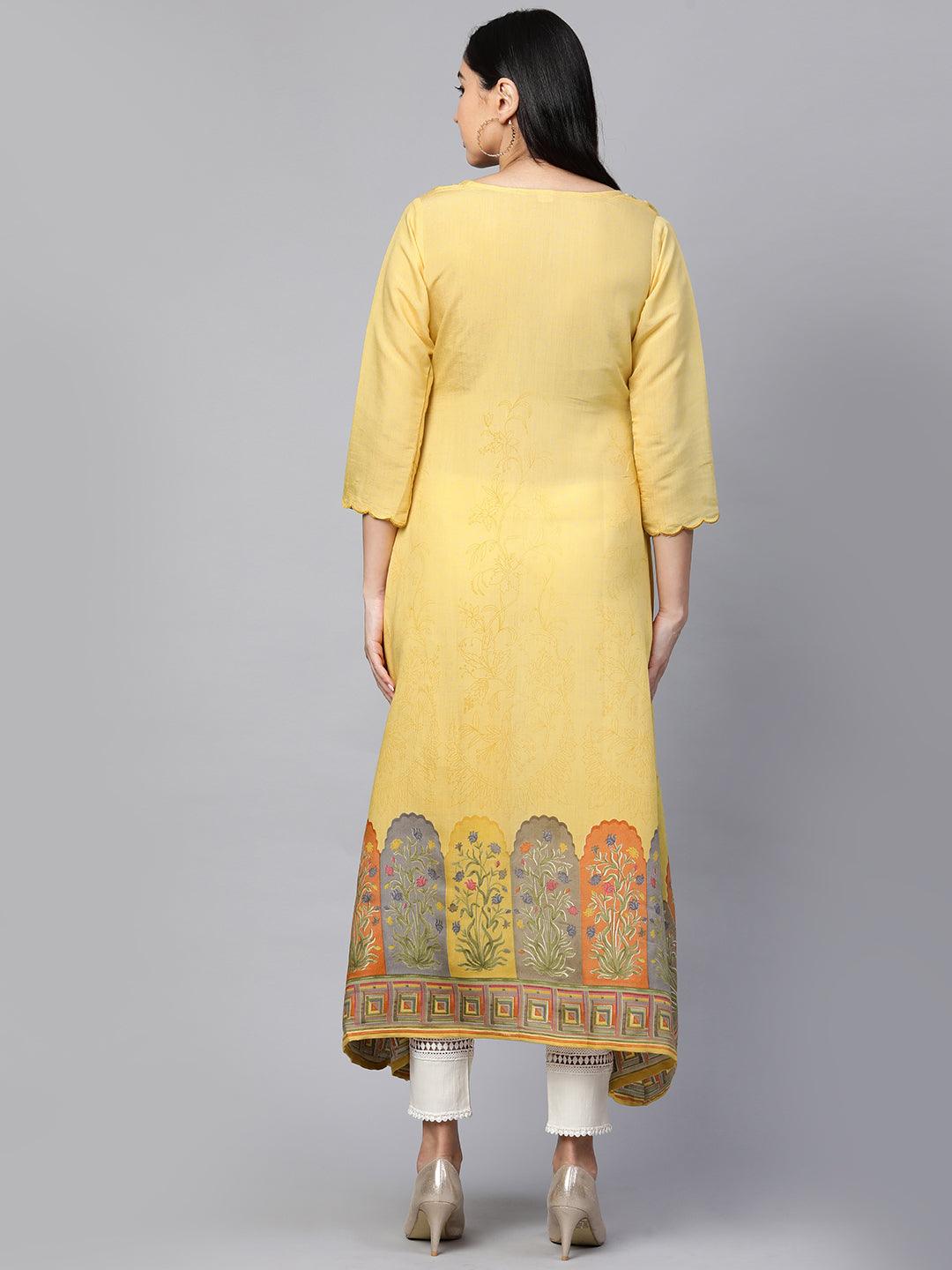 Retro Floral Printed A-Line Kurta - Pastel Yellow - Indiakreations