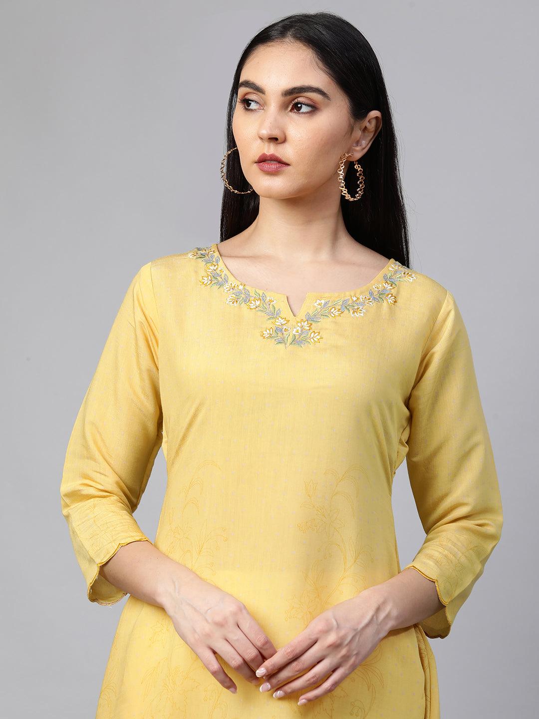 Retro Floral Printed A-Line Kurta - Pastel Yellow - Indiakreations