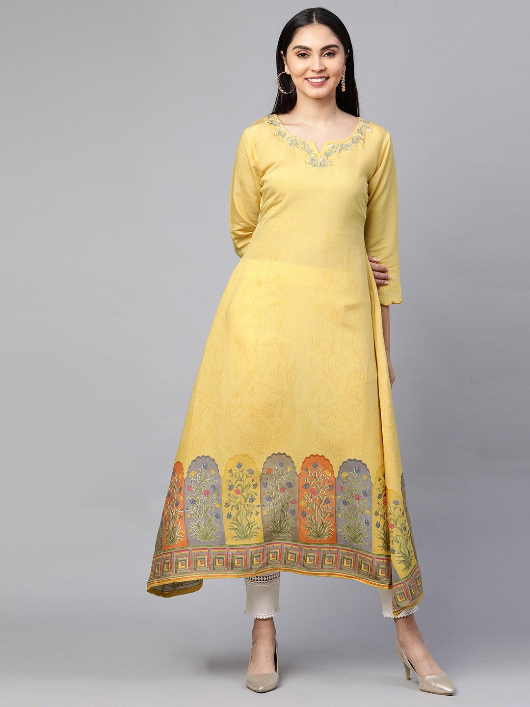 Retro Floral Printed A-Line Kurta - Pastel Yellow - Indiakreations