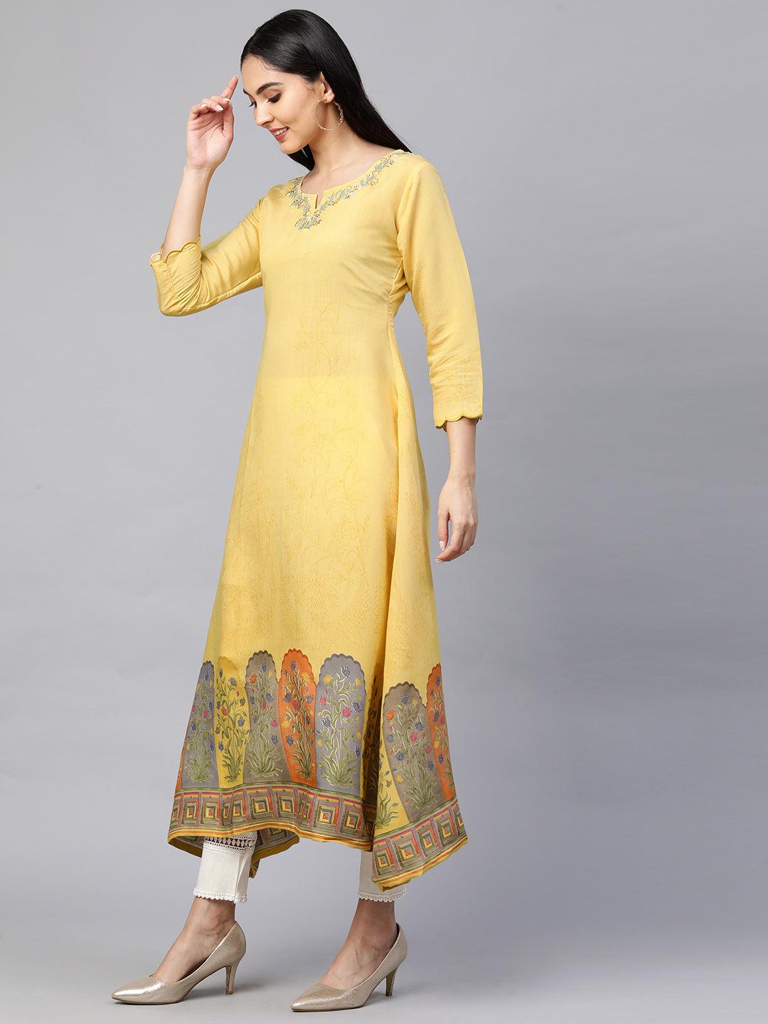 Retro Floral Printed A-Line Kurta - Pastel Yellow - Indiakreations