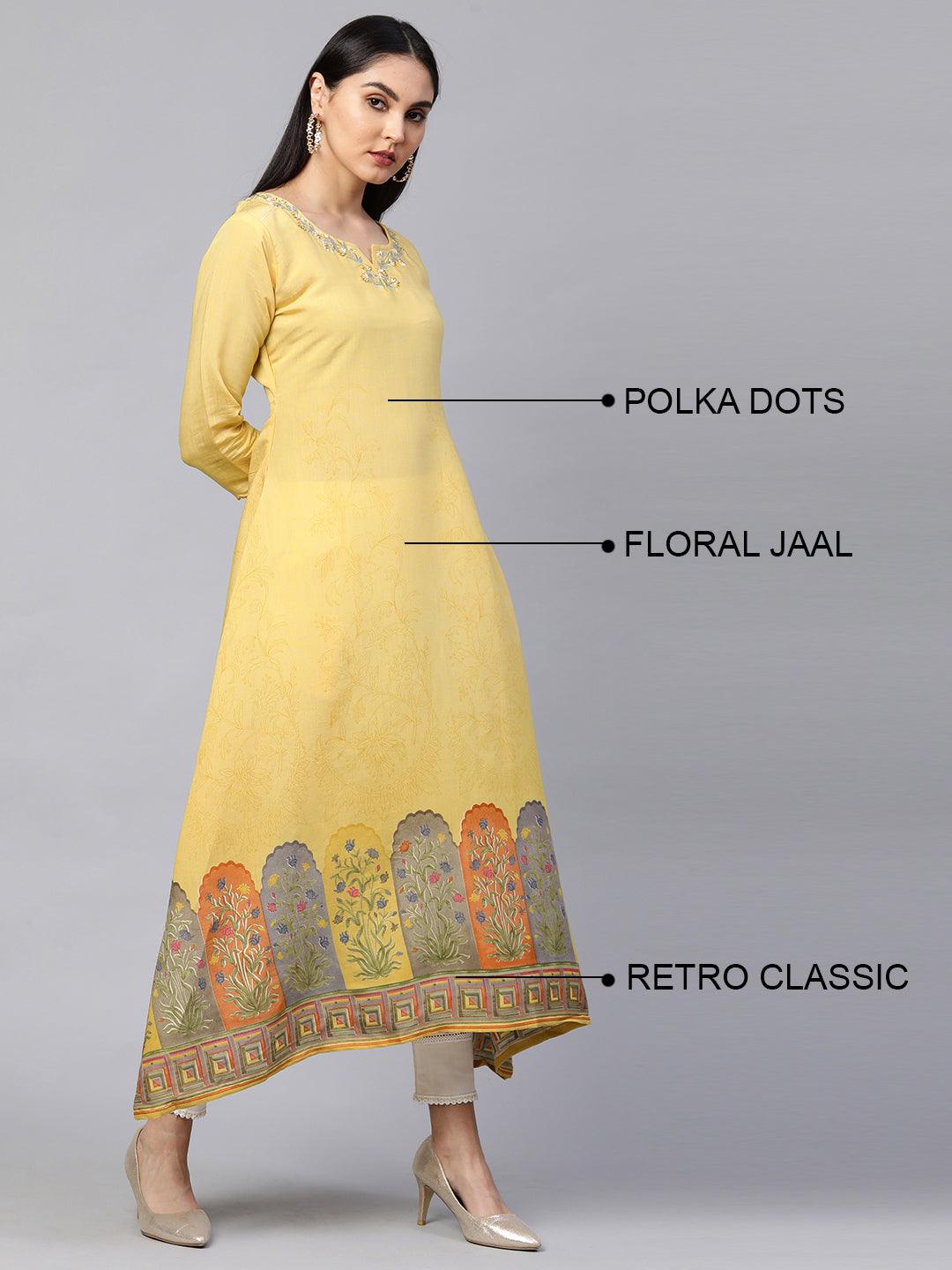 Retro Floral Printed A-Line Kurta - Pastel Yellow - Indiakreations