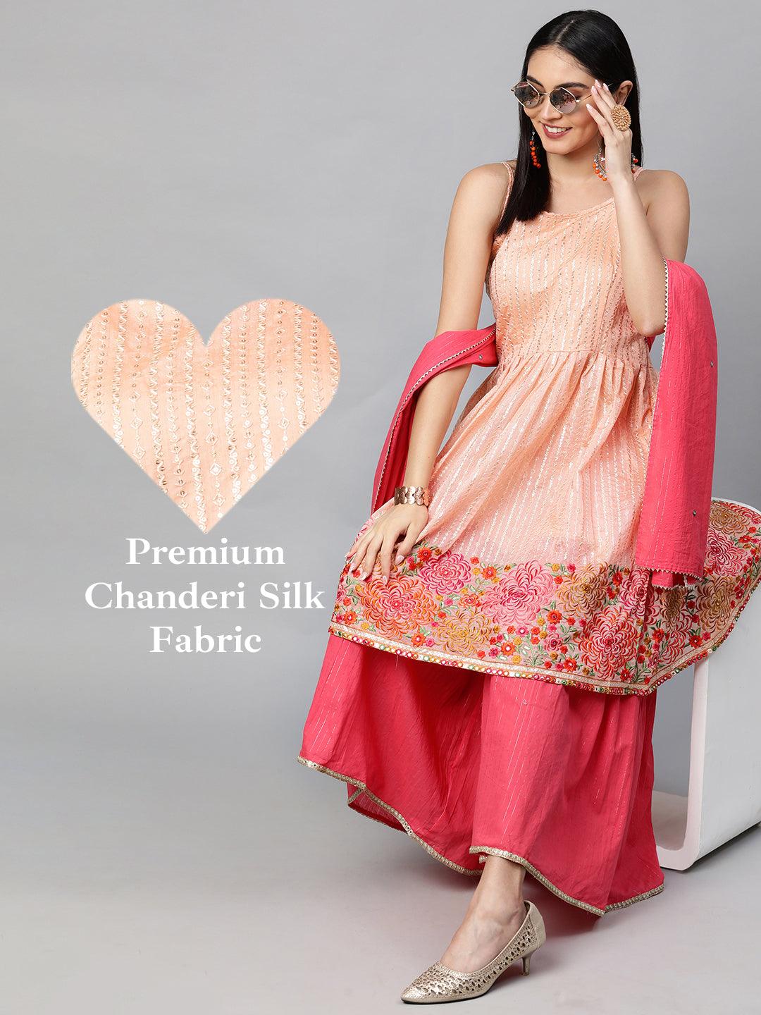 Ethnic Embroidered Kurta with Lurex Sharara and Dupatta - Peach - Indiakreations