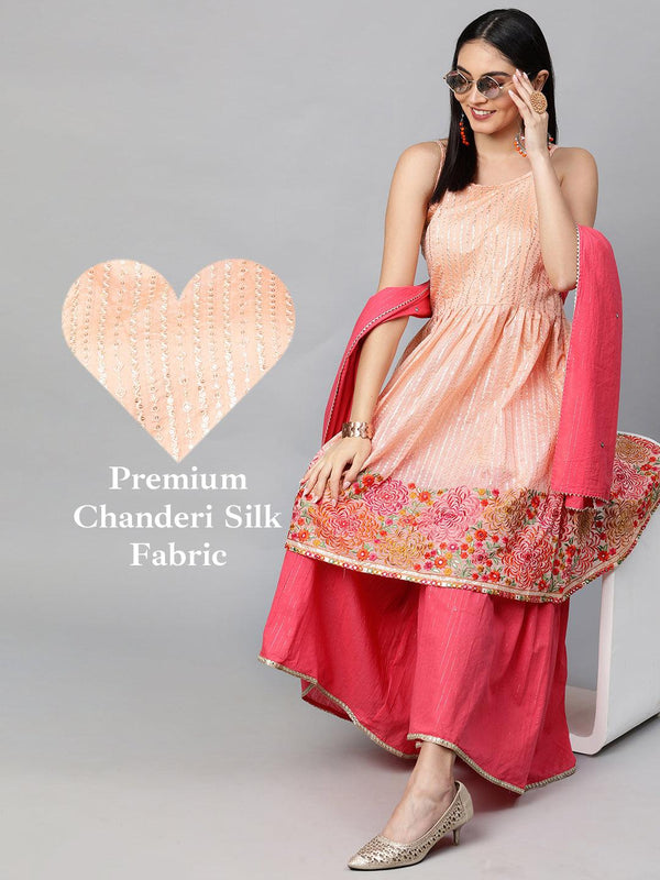 Ethnic Embroidered Kurta with Lurex Sharara and Dupatta - Peach - Indiakreations