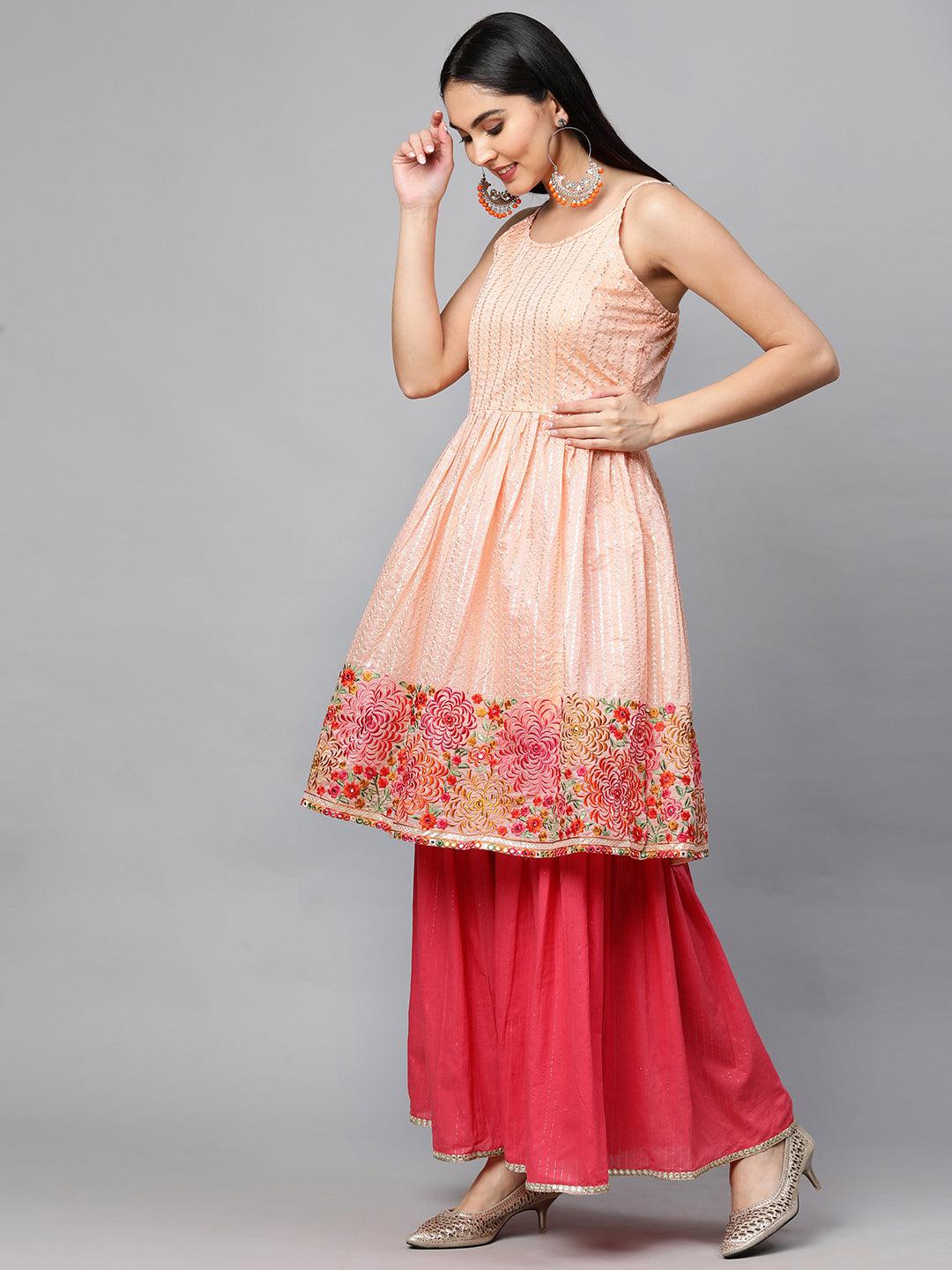 Ethnic Embroidered Kurta with Lurex Sharara and Dupatta - Peach - Indiakreations