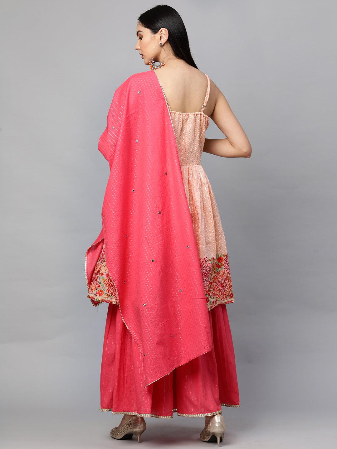 Ethnic Embroidered Kurta with Lurex Sharara and Dupatta - Peach - Indiakreations