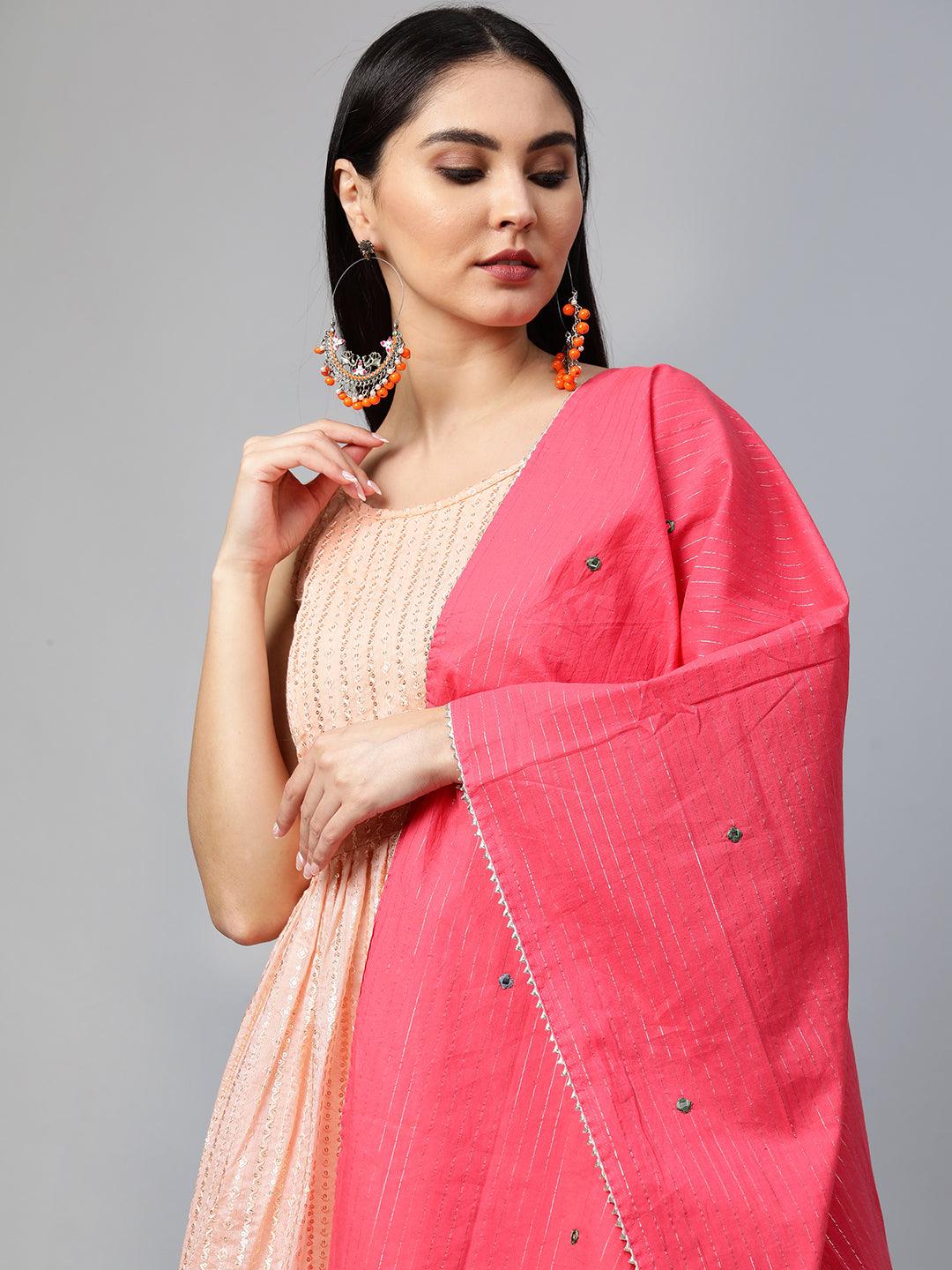 Ethnic Embroidered Kurta with Lurex Sharara and Dupatta - Peach - Indiakreations