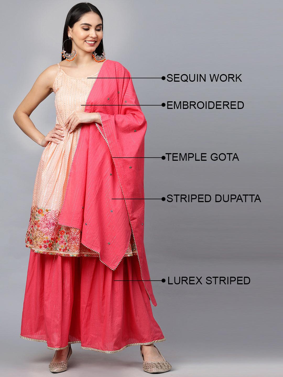 Ethnic Embroidered Kurta with Lurex Sharara and Dupatta - Peach - Indiakreations