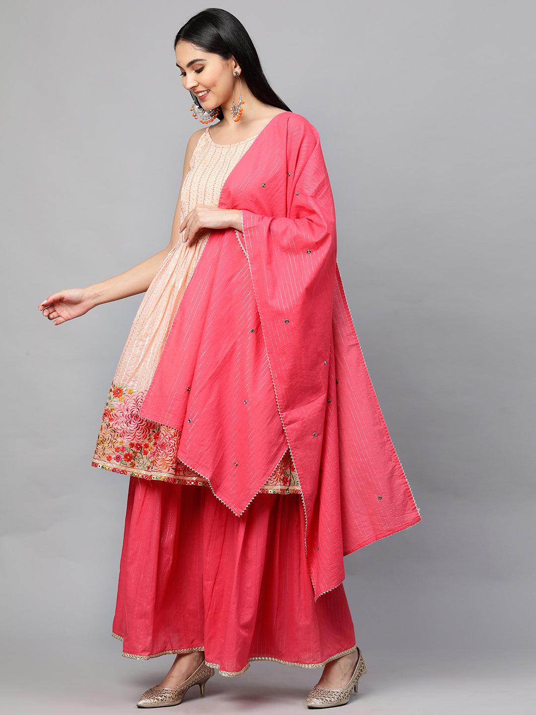 Ethnic Embroidered Kurta with Lurex Sharara and Dupatta - Peach - Indiakreations