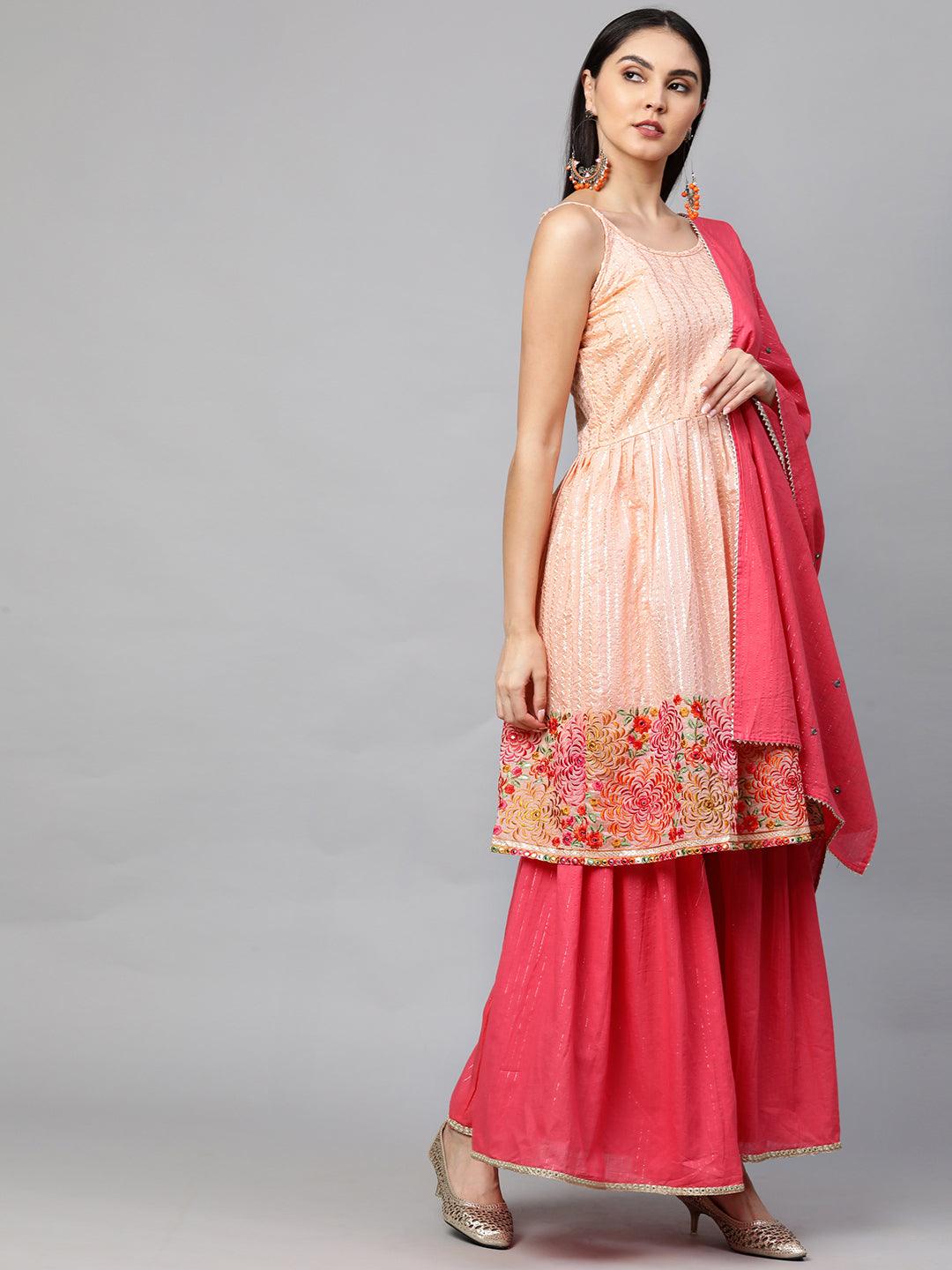 Ethnic Embroidered Kurta with Lurex Sharara and Dupatta - Peach - Indiakreations