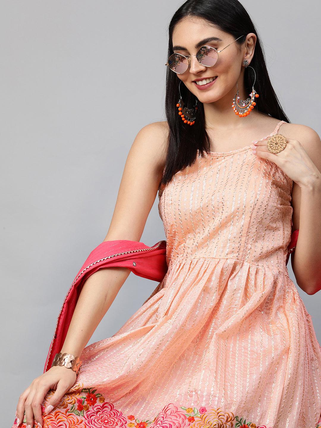 Ethnic Embroidered Kurta with Lurex Sharara and Dupatta - Peach - Indiakreations