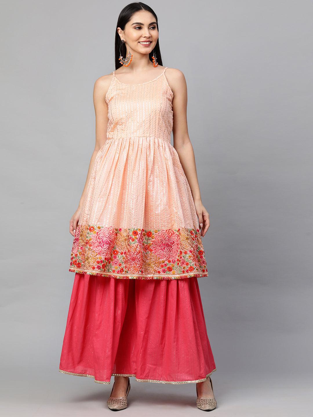 Ethnic Embroidered Kurta with Lurex Sharara and Dupatta - Peach - Indiakreations