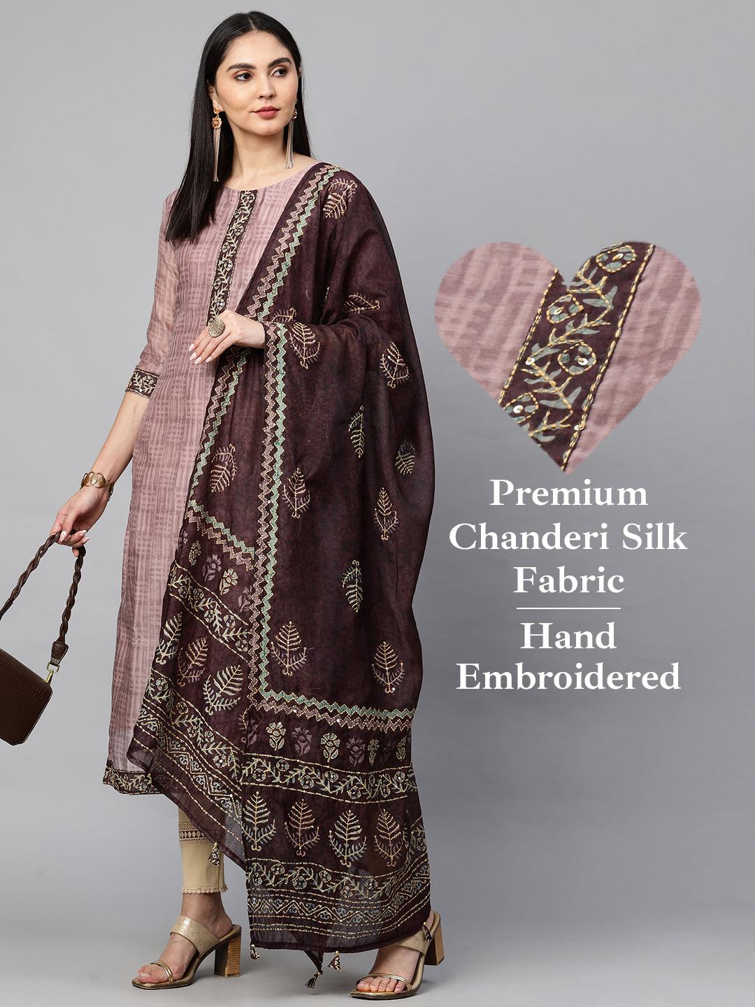 Ethnic Printed Kurta and Dupatta with Kantha Work - Rose Dawn - Indiakreations