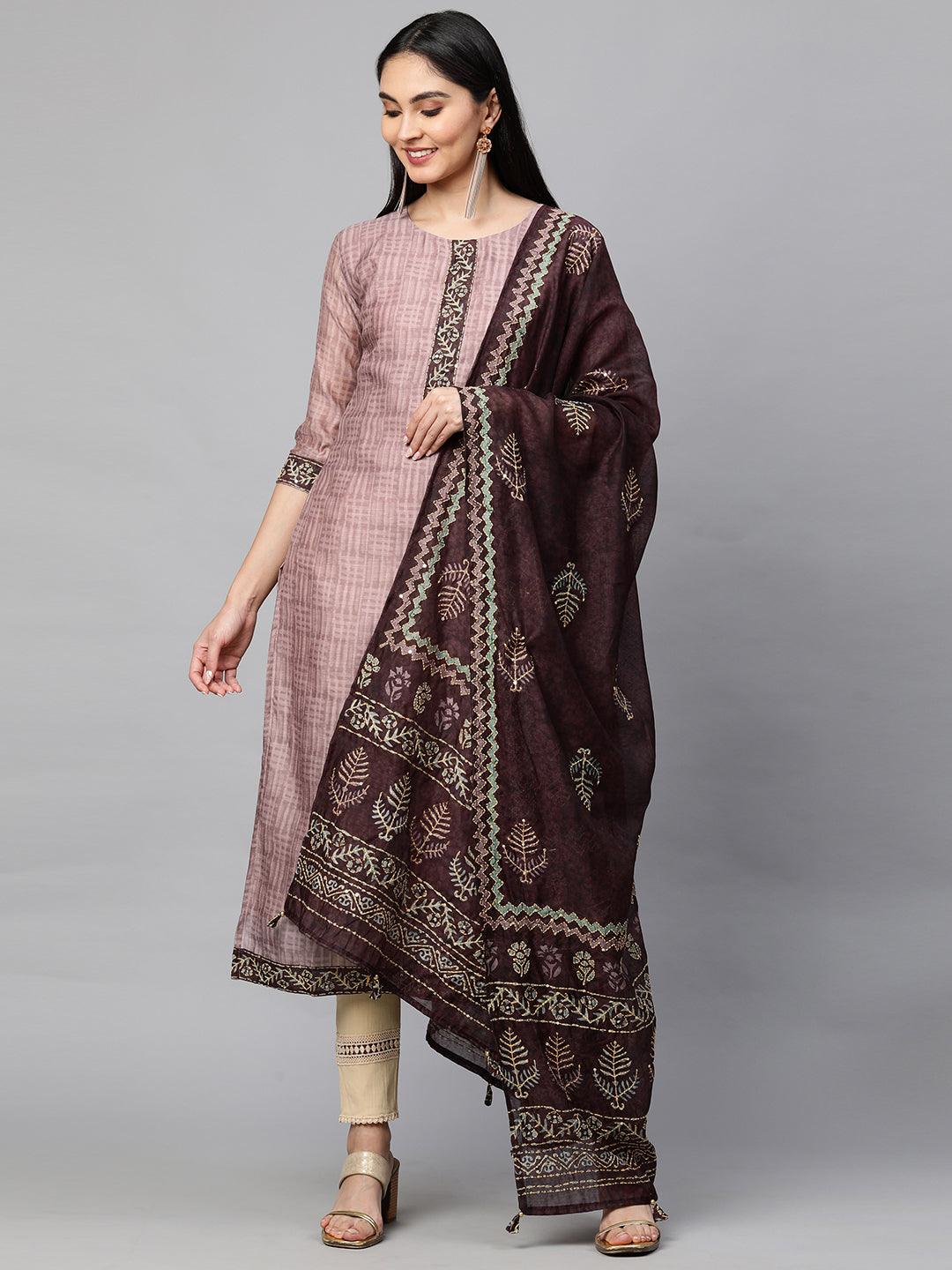 Ethnic Printed Kurta and Dupatta with Kantha Work - Rose Dawn - Indiakreations