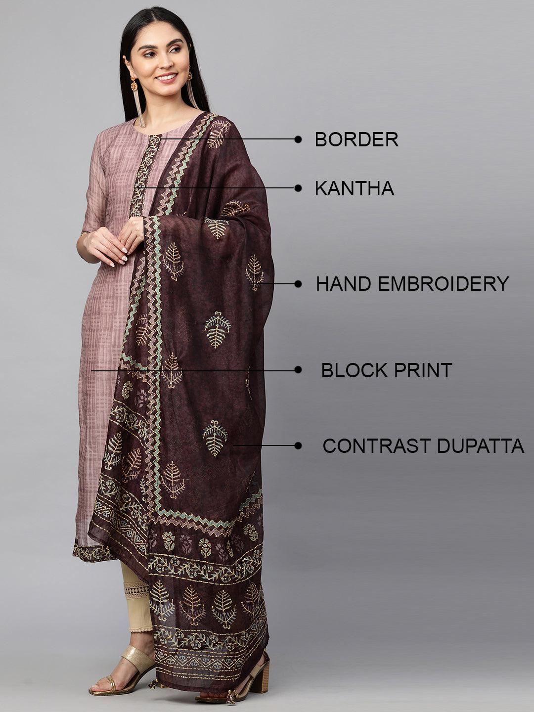 Ethnic Printed Kurta and Dupatta with Kantha Work - Rose Dawn - Indiakreations