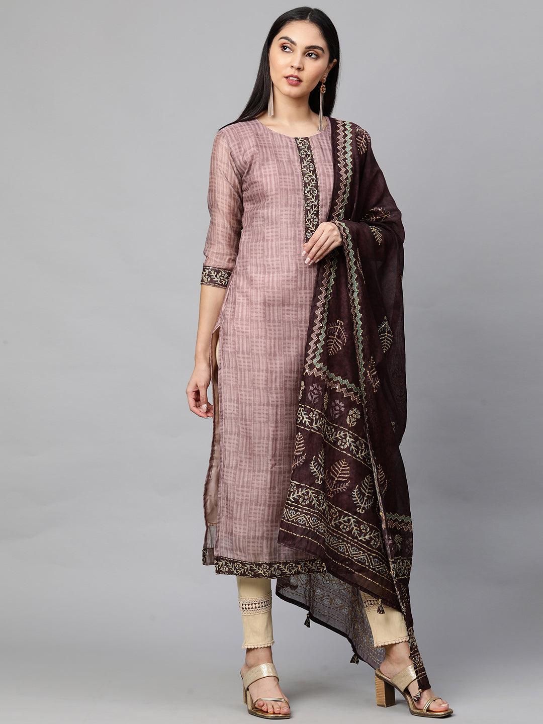 Ethnic Printed Kurta and Dupatta with Kantha Work - Rose Dawn - Indiakreations