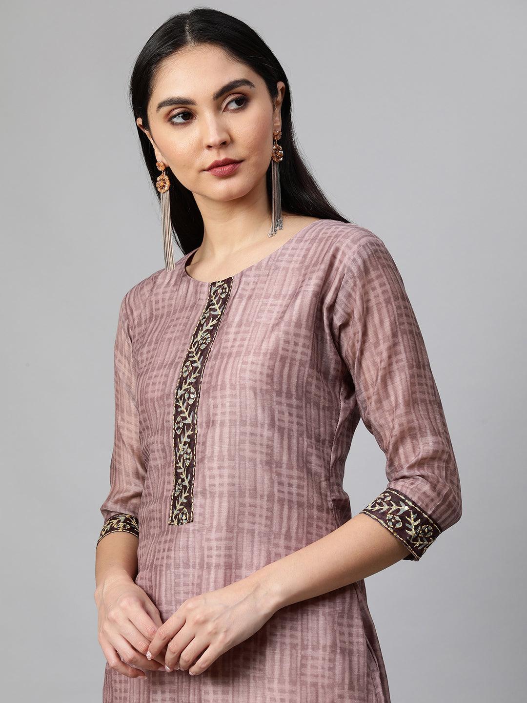 Ethnic Printed Kurta and Dupatta with Kantha Work - Rose Dawn - Indiakreations