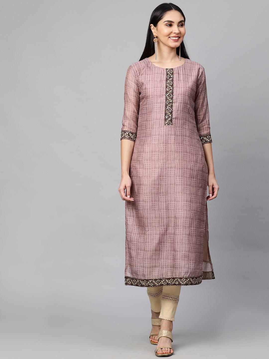 Ethnic Printed Kurta and Dupatta with Kantha Work - Rose Dawn - Indiakreations