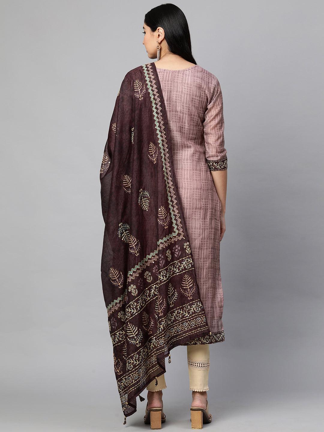 Ethnic Printed Kurta and Dupatta with Kantha Work - Rose Dawn - Indiakreations