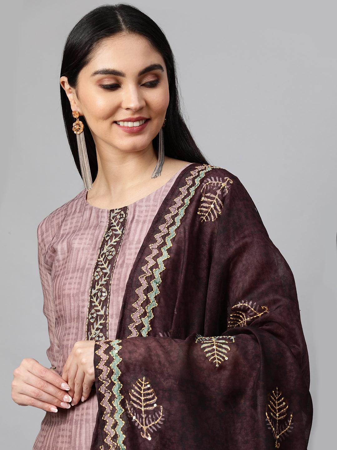 Ethnic Printed Kurta and Dupatta with Kantha Work - Rose Dawn - Indiakreations