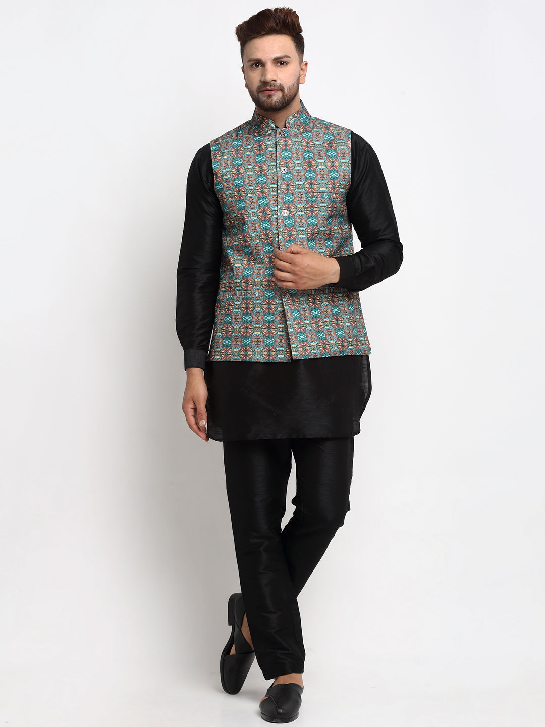 Men's Silk Blend Black Kurta With Pyjama & Sea Green Printed Nehru Jacket - Benstoke