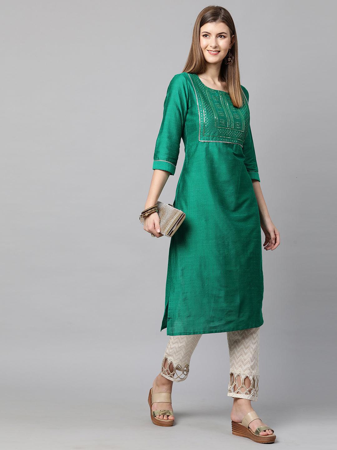 Sequin Embroidered Straight Kurta - Sea Green - Indiakreations