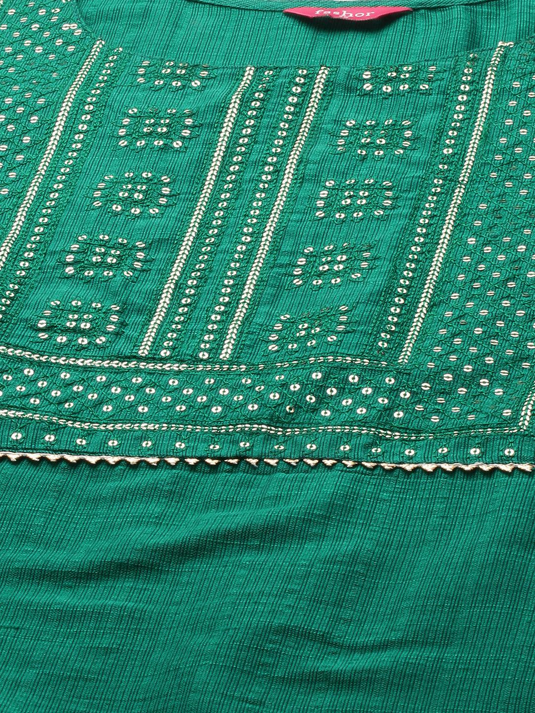 Sequin Embroidered Straight Kurta - Sea Green - Indiakreations