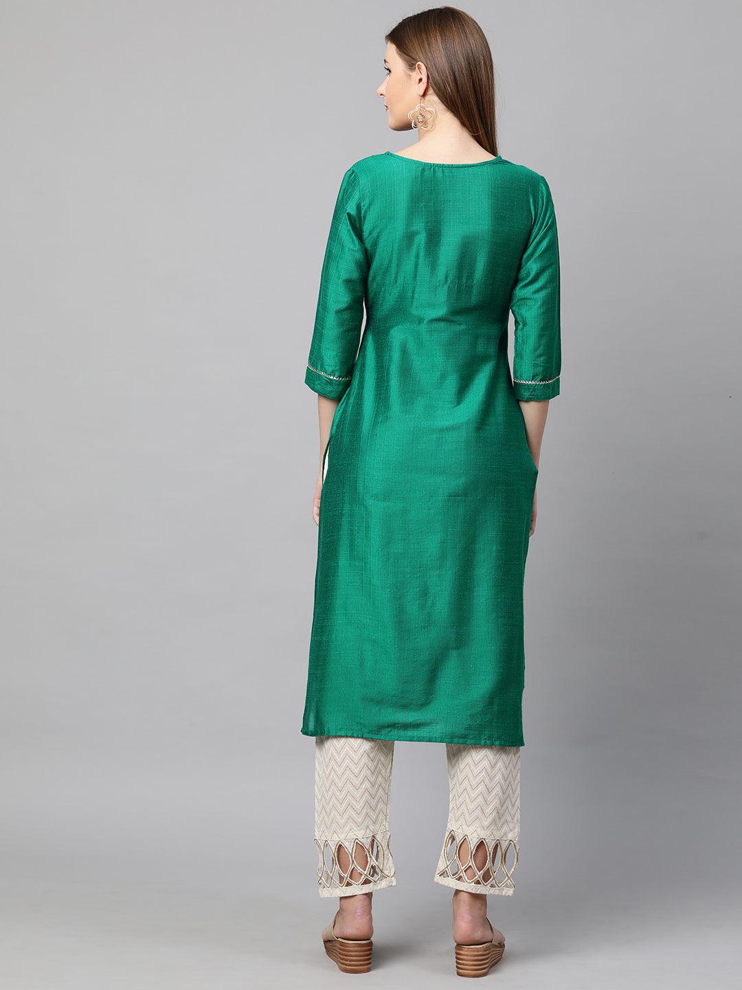 Sequin Embroidered Straight Kurta - Sea Green - Indiakreations