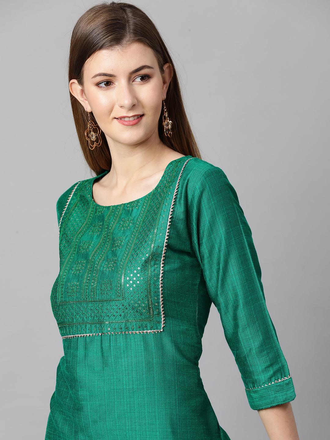 Sequin Embroidered Straight Kurta - Sea Green - Indiakreations