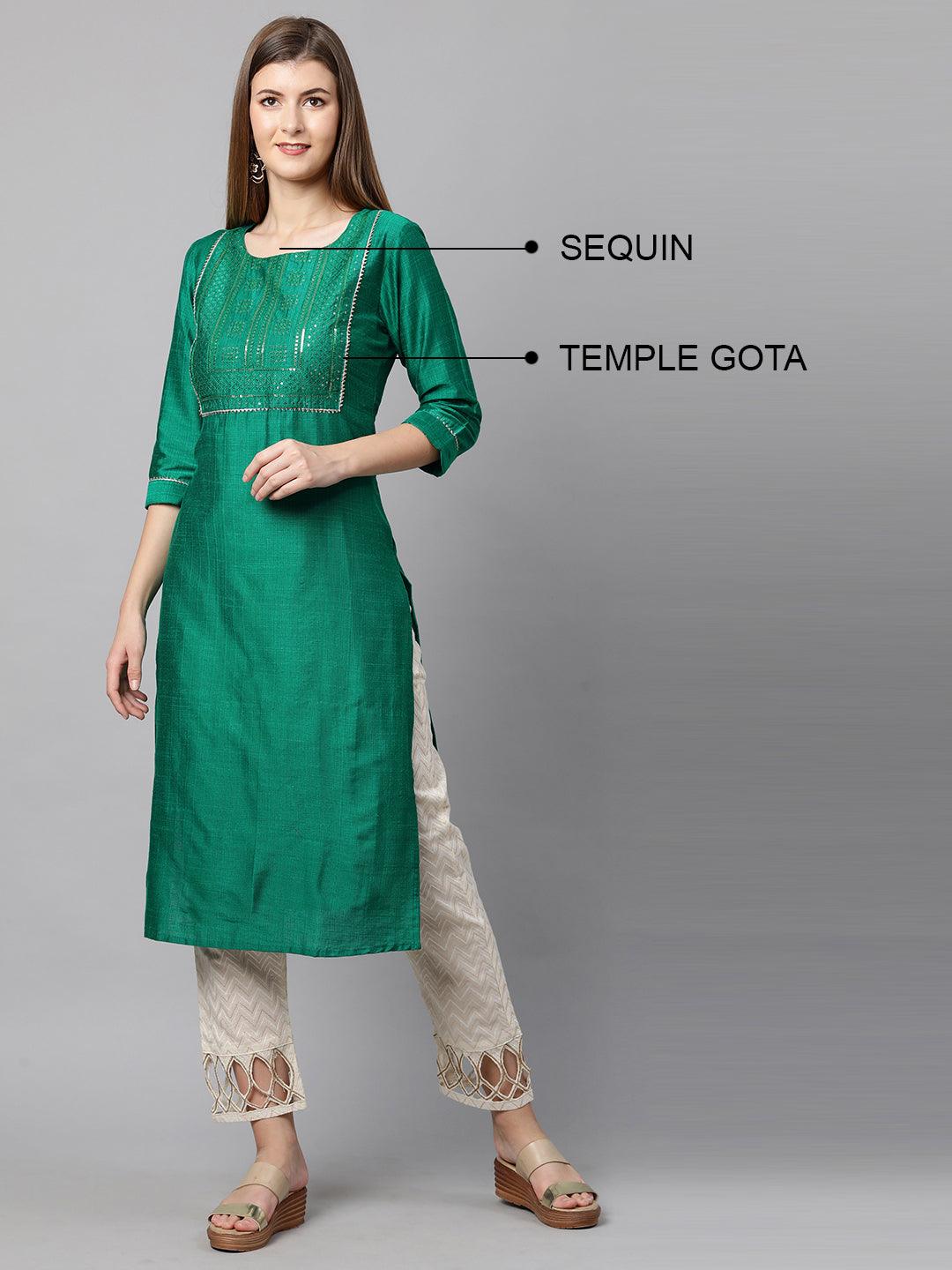 Sequin Embroidered Straight Kurta - Sea Green - Indiakreations