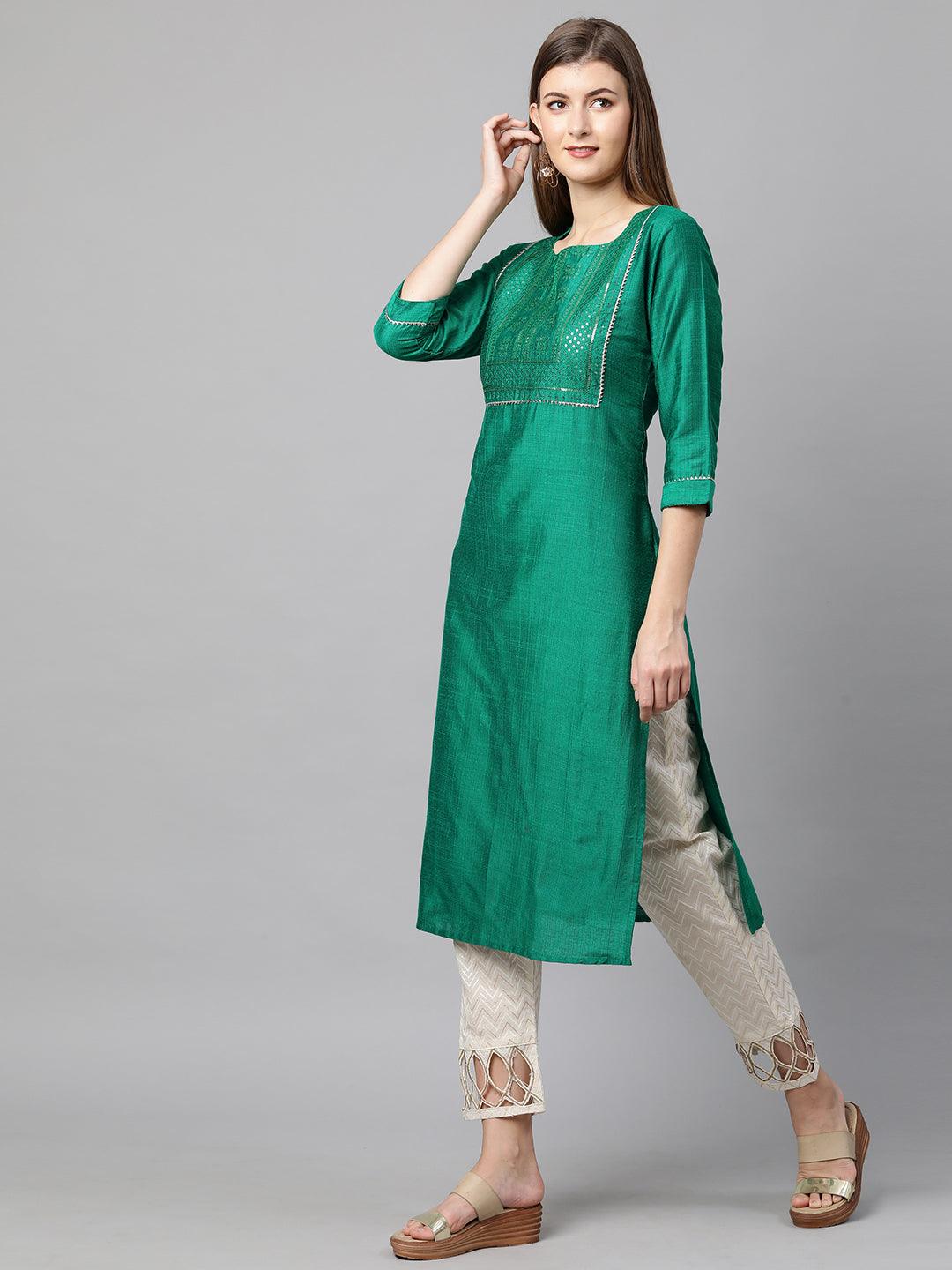 Sequin Embroidered Straight Kurta - Sea Green - Indiakreations