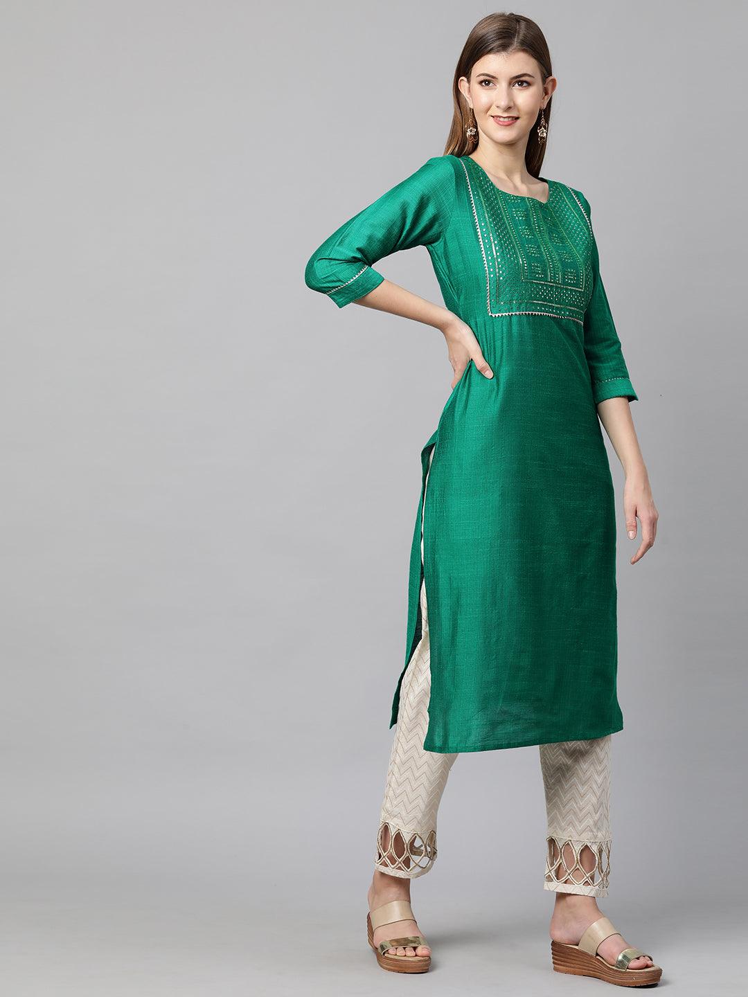 Sequin Embroidered Straight Kurta - Sea Green - Indiakreations