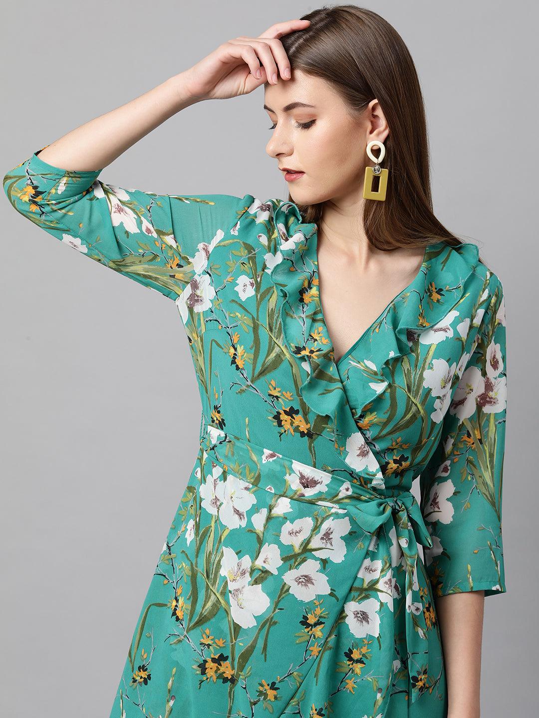 Floral Printed Pleated Maxi Dress - Rama Green - Indiakreations